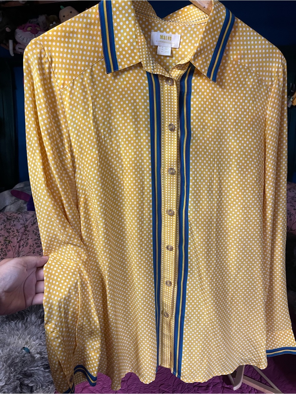 Maeve Yellow Polka Dot Button-Up Shirt with Navy Stripe